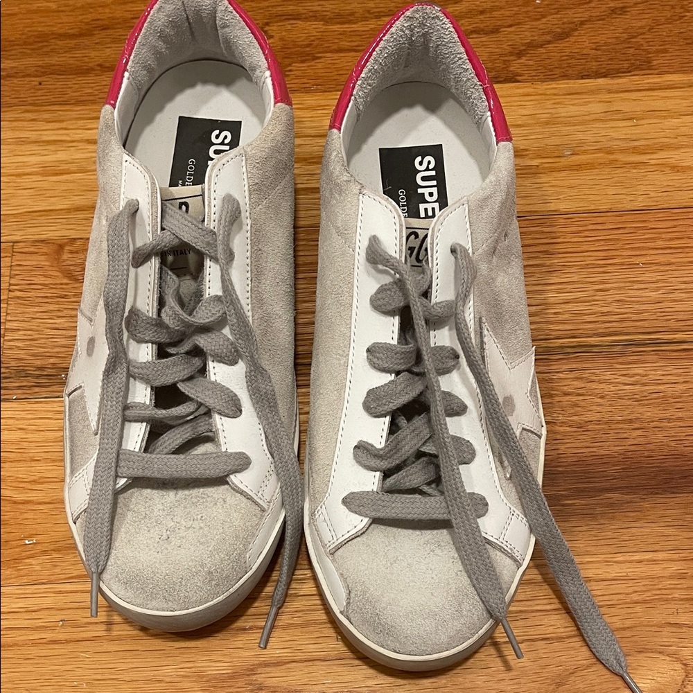 Golden Goose Gray and White Sneakers with Pink Detail